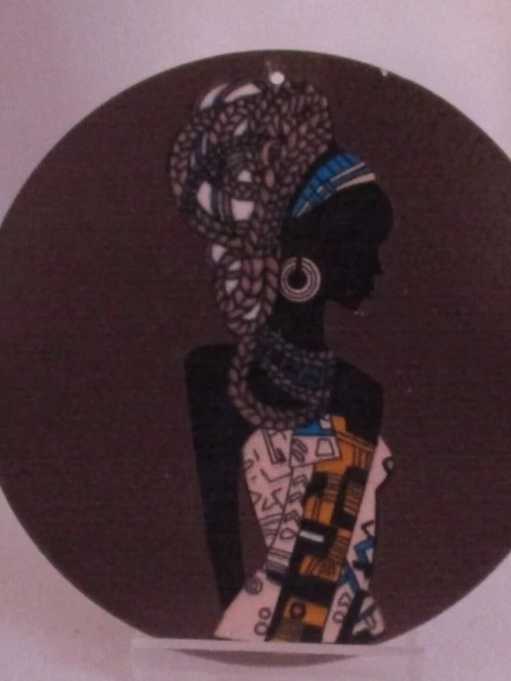 African Woman Black Tribal Hand Painted Brooch Circle Wood